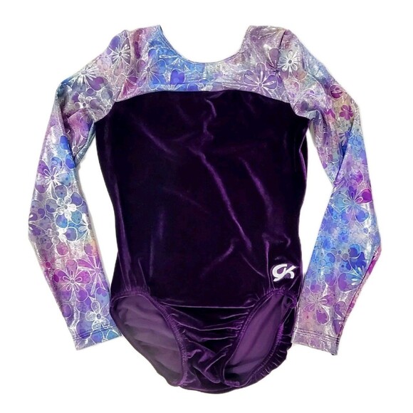 GK Elite AM Purple Velvet Foiled Floral Rainbow LS Logo Leotard VTG Adult M - Picture 1 of 16